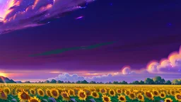purple sky full of stars, sunflower field, anime, high res, makoto shinkai
