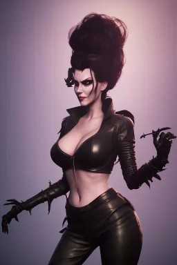 Amy Dumas as evil queen in black leather, leather, busty, cleavage, angry, rage, stern look. character design by cory loftis, fenghua zhong, ryohei hase, ismail inceoglu and ruan jia. unreal engine 5, artistic lighting, highly detailed, photorealistic, fantasy