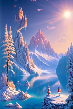 mountain with ice-cream on top, lake, trees, mystical, art deco