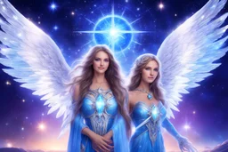 cosmic women couple of beautiful women with long hair, light eyes and blue brightness tunic, with a little sweety smile, with big crystal wings, and a sweety stron cosmic warrior in peace. in a background of stars and bright beam in the sky