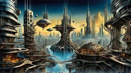 a stunningly weird image of a futuristic metropolis using Salvador Dali's paranoiac-critical method, where buildings and structures appear to melt into the skyline cityscape is filled with floating mad, twisted sharp metal shapes that interact with the buildings and each other, forming a surreal tableau of a dreamlike reality. neu-steampunk vibe, essence of the scene in a cinematic manner, with dramatic shadows that enhance the distorted perspectives and bizarre