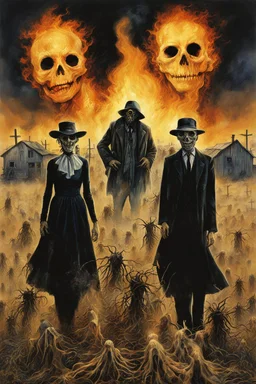 Modern horror Movie poster for text "BLACK LUNG HAY FEVER" by Drew Struzan, author text "S.E. CASEY", small dusty midwester farm town set barren field afire to exorcise the spirits of two sinister scarecrows whose profiles can be seen in the distance in an X shape, eerie, uncanny, ghastly surreal horror, digital collage art. photo layering effect, dramatic.