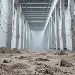 Photograph, a mass of wires, giant museum space, building, pillars, high walls, schermi di computer, high towers in a room, sediments, deflagration of the background, light, architecture, minimalist, details of the terrain very accentuated, 8k, deep 3d field, sharp, brutalist, hasselblad h6d400c --ar 85:128 --v 6.0