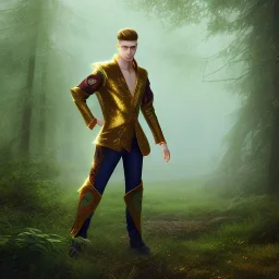 Male, Human, Blond, Sorcerer, Fire Mage, Golden Eyes, Young, Photorealism, Full Body Shot, Forest Background