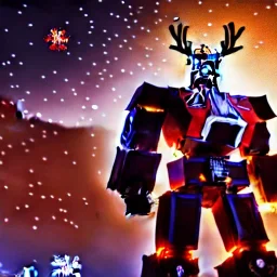 Christmas tree, Transformers, Megatron dressed as Santa with Rudolph, cyberpunk, landscape, transformers, hi-tech robots, cinematic, highly detailed, close up, 4k, deep colors, gold, fire, red, purple, dark, ethereal, utopia, apocalypse,