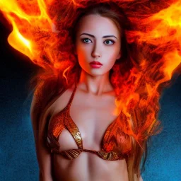 woman made of fire, fire angel, fire clothes, full body portrait, long flowing hair, only wearing bikini made of fire, highly detailed, real life photo, photo quality, extremely detailed, high quality, standing in fire, highly detailed face with makeup