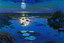 Dark blue sky with one exoplanet in the horizon, rocks, puddle, weeds, sci-fi movies influence, epic, ernest welvaert, and charles leickert impressionism paintings