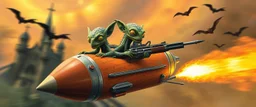 hairy macho gremlin octopus lizard aliens living in a hi tech marvellous hot dog rocket with a mounted sling shot, heading for venus stone castle, background motion blur and smoke swirls, and cheeky bats