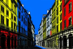 generar una imagen tipo xilografia calles de roma en 3 colores un hotel rojo, azul y amarillo