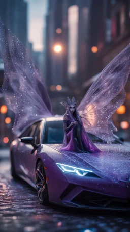 Illithid with butterfly wings frozen in net sitting on roof of a Lamborghini Limo, bokeh like f/0.8, tilt-shift lens 8k, high detail, smooth render, down-light, unreal engine, prize winning