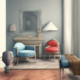 A living room with armchair and fancy stools. colored pencil sketch