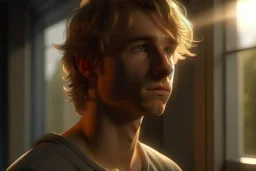 A close cropped portrait of an athletic teen boy with honey brown eyes, messy golden blond hair, cute, innocent and thoughtful, leaning against a window, a hint of facial hair, sleeveless shirt, inside an empty room with warm sunlight streaming in, detailed, high definition, 4K, 8K, quality render