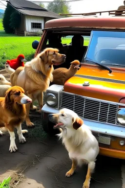 Perro en conduciendo atropellando gallinas