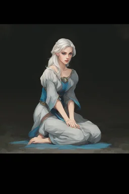 Dnd character on her knees. A female Aaismar twilight cleric with white hair and blue eyes, wearing gray robes. Etreal, beautiful, sexy, off shoulder dress