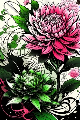 Create a captivating modern 2d black and pink and green ink tattoo design for print , prestigious botanic using the elegant influences of japan art style, for print, dynamic elements from fashion and design, and bold Japanese contemporary art aesthetics, framing centered in the center, distanced from the edges of the paper perimeter,