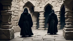 black robe hooded monks in the stone castle