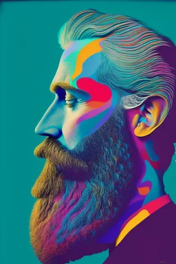 poetical, surreal minimalistic artwork, a 40 years old man with a huge beard filled with coloured musical notes, side light, side view, photorealistic, a painture in the style of Max Ernst, Renè Magritte,