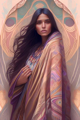 a beautiful young spanish woman wrapped in a blanket, native american style, full body, elegant, highly detailed, digital painting, artstation, concept art, smooth, sharp focus, illustration, alphonse mucha, 4K, photography, photorealistic, detailed illustration pastel tetradic colors, cute and quirky, hand-drawn, digital painting, soft lighting, isometric style, retro aesthetic, 4K resolution, photorealistic rendering, as painted in the style of Thomas Blackshear