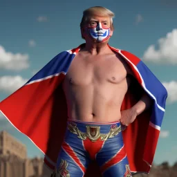 realistic image of donald trump as a mexican wrestling fighter posing outdoors, Mexican eyes wrestling mask, red and blue breeches, confederate flag cape, retro style, 80s, vibrant color, highly detailed, sky background, concept art, unreal engine 5, god rays, ray tracing, RTX, lumen lighting, ultra detail, volumetric lighting, 3d, finely drawn, high definition, high resolution.