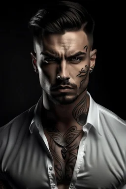 Ultra realistic photograph of muscular male in white button up shirt, dark hair cut short and stubble on chin, dark fantasy tribal tattoos