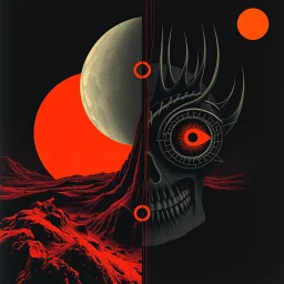 tragedy of the commons regressive overlapping timeline looping, abstract art vs sci-fi art, by Graham Sutherland and HR Giger, by Victor Pasmore, mind-bending illustration; album cover art, asymmetric, Braille language glyphs, dark shines geometry, red and orange and black color scheme