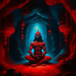 An oil painting of Hindu god YAMA in a cave, neon red colors, high detail, dark vibe