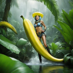 [high res picture of bananarama] the female alien explorer straddles a giant banana in the wet jungle, riding the long fruit with happyness