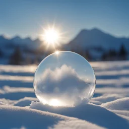 Frozen bubble in front of a snowy mountain landscape, the bubble has wonderful icecrystals and the sun is shining, frozen, cold outside, beautiful small ice flowers in front of the bubble