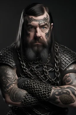 portrait of a dwarf with black hair wearing chainmail and tattooed arms