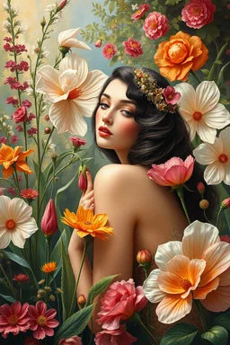 A beauty in the garden? unusual flowers, very cute, smooth, active sequins, elegant fantasy, intricate, 8k, oil on canvas, beautiful, high detail, fantastic view, hyperrealistic, over-detailed, clear quality, colorful, artgerm, Alphonse Mucha, Catherine Abel. Catherine Welz Stein. Dmitry Vishnevsky. Gustav Klimt, R. Giger. Jacek Yerka. Josephine Wall, Carrie Ann Baade