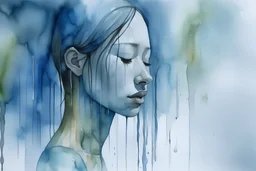 For a concise prompt for a watercolor art piece titled "Long Day," imagine a zoomed-in, tranquil scene in a shower. The focus is on a person's upper body and face, under a showerhead with water cascading down in soothing shades of blue and gray. Their eyes are closed, face slightly uplifted, embodying serenity. The background, suggested to be a blurred, tiled wall, enhances the intimate shower setting. Highlights and reflections on water and skin, in subtle whites and yellows, convey a warm, gen