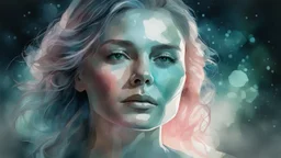 woman, night, watercolor, glow, transparency, lumen, professional photo, 3d, 64k, high resolution, high detail, computer graphics, hyperrealism, f/16, 1/300 s. highly detailed digital painting, double exposure, colors: white, silver, gray, delicate pink, delicate green, delicate blue, beige, delicate lace, pastel photorealistic painting, watercolor, tenderness, pastel,