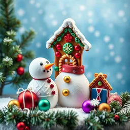 Create multicoloured Snowman with next standing gingerbread house gifts and balls around snowflakes and green spruce winter blue multicoloured background