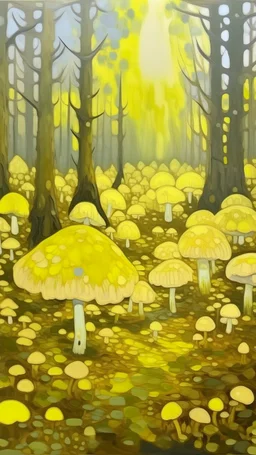 A light yellow forest with glowing mushrooms painted by Piet Mondrian