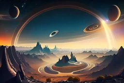Alien landscape with exoplanet surrounded by rings in the sky, over the valley.