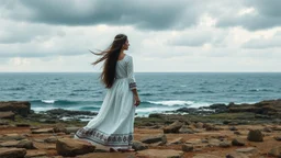 A woman in a traditional white dress with a patterned hem stands on a rocky shore, looking out at a vast, choppy sea under a dramatic, cloudy sky. The landscape is rendered in earthy tones with hints of green and blue, and scattered rocks dot the foreground and midground. The woman's long, dark hair flows in the wind, and she is adorned with necklaces and a headpiece. The overall mood is one of solitude and contemplation against a powerful natural backdrop.