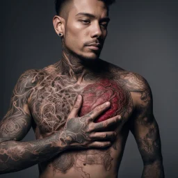 man with light skin with the entire cardiovascular system tattooed, nikon 70mm lens, photo, professional studio photo, very real