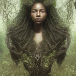 4K. Ultra real photo.three black women. Three Dark skin black women .three women. A mother. Two black daughters . A mother with her children. three young black women. wood nymphs emerging from the forest. Her hair looks like vines. Dreadlocs. Her skin is the colour of dark soil. Her skin looks like tree bark. Her clothing is made of vines, grass and leaves.