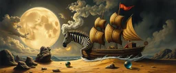 master oil painting by Rembrandt, good afternoon clay moon chill hyper bigger than life zebra dream smoking trickster golem peeking out of a sand twister whirlwind cocoon, all inside a bottle ship and there are lotsa huge glassy marbles
