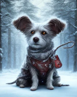 portrait of sad, scared, lonely dog tied with a short leash in front of house, winter, 8k resolution, high-quality, fine-detail, intricate, digital art, detailed matte, volumetric lighting, illustration, 3D octane render, brian froud, howard lyon, selina french, anna dittmann, annie stokes, lisa parker, greg rutowski