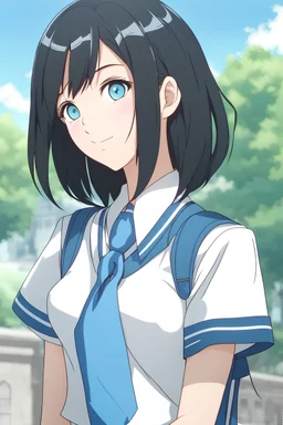 Woman black hair, bob haircut, vivid sapphire blue eyes, light blue schoolgirl uniform, smirking, grinning, college background, RWBY animation style