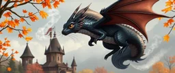 portrait of a shiny black dragon squirrel in autumn, flying above wooden castle, breathing smoke, book cover illustration