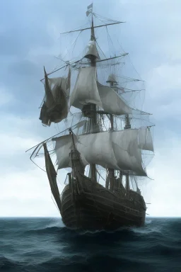 front view of a ship with a spider figurehead in stormy weather