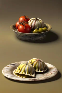 Ravioli by renaissance style still life oil painting, dish, natural tomato, albahaca, olives, olive oil, moisture, art, natural, ornaments, marble, gold, high kitchen, smooth, gradient color background, unreal engine 5, ray tracing, RTX, lumen lighting, ultra detail, volumetric lighting, 3d.