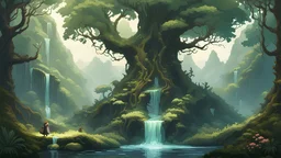 Pixel Art realm of Tir na nÓg in Ireland, with a dense, ancient forest surrounding a tranquil fountain shimmering with iridescent hues. Ethereal faeries dance amidst the lush greenery, inviting players on a journey filled with wonder and adventure.