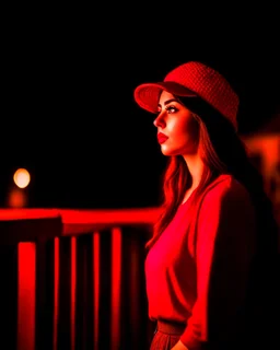 woman with a red baseball hat. leaning on a wooden balcony. night time. fantasy. medieval.