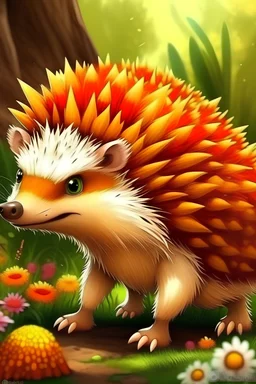 orange hedgehog in Crocs, funny pants, mohawk, clearing, trees, flowers in the background, realistic