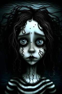 20 year old woman, sunken face, Tim Burton style, full figure