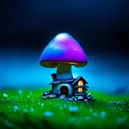 "Close up of a wonderful tiny Mushroom Tower home. blue and magenta with bright white, deep black and contrasting tones of gray. Illuminated bioluminescent forest. Professional painter, master at composition. small but detailed. broken, blurred background, voluminous lighting"