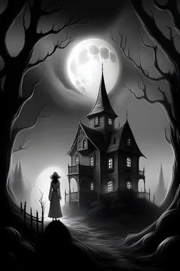 surrealist, black and white, obscured by dense forest fog, superbig full moon, moon is a center of image, tim burton character, exagerated, cartoon house, several floors, tim burton proportions, woman wiht cape and hood, woman stand up on spiral rock, background old house, high house more rooms, backlight, sad, high house several rooms, wood old house, a superfullmoon, house upper circle mountain, ambient fog, distorsion, fantasy